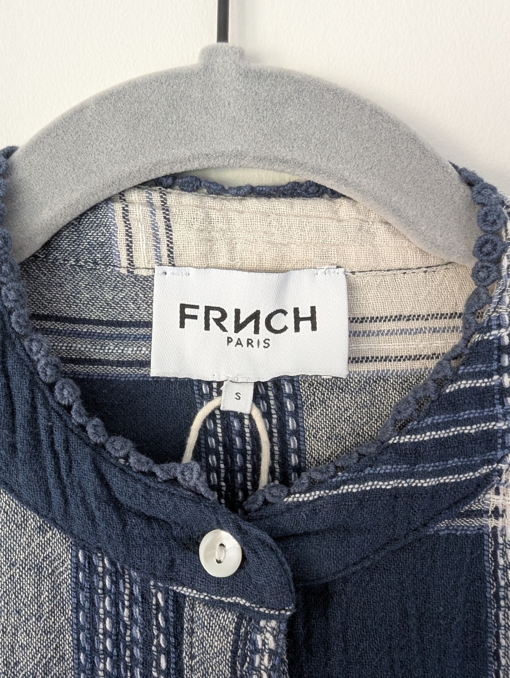 FRNCH Paris Camassia Plaid Woven Ruffle Button Up Shirt Blue Pearl - Picture 4 of 11